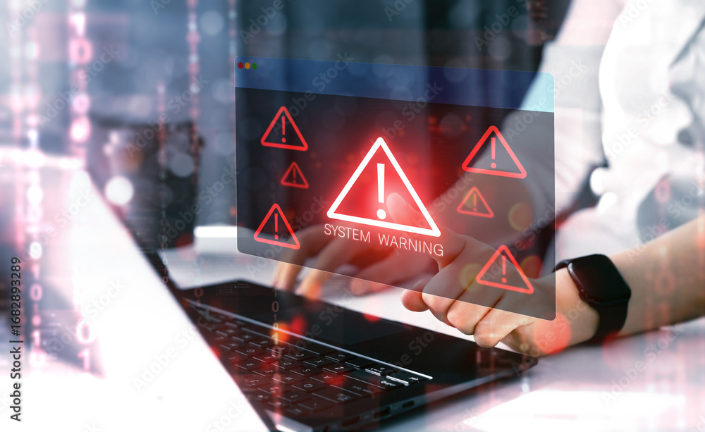 Poster system hack warning alert.cyber ​​attack on computer network. cyber security and cybercrime.