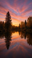 Obraz premium Serene sunset over tranquil lake.