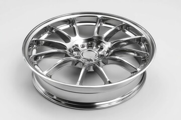 High-gloss chrome alloy wheel, multiple spokes, studio shot