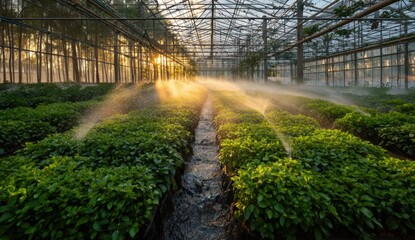Obraz premium Greenhouse with rows of plants, morning mist