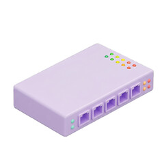 Purple network switch with indicator lights isolated on a transparent background 