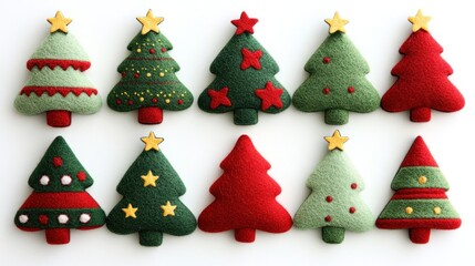 Handmade felt Christmas tree decorations on a clean white background