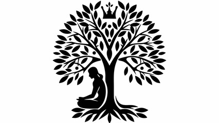 Silhouette of woman meditating under a tree with a crown on top in black and white illustration style