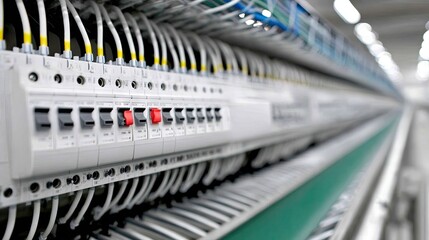 Electrical control panel showing circuit breakers and wiring in a modern facility during the day