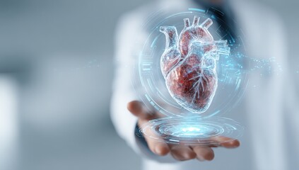 Doctor's hand displaying a holographic heart