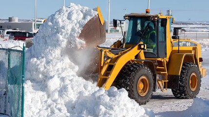 Heavy machinery clears large snow piles from a winter road in a busy construction area during daylight hours