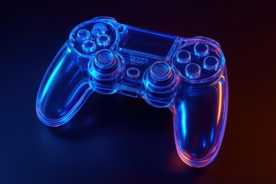 Transparent video game controller illuminated with blue and orange neon light clear gaming