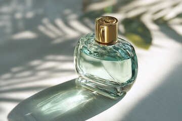 Teal perfume bottle, sunlight shadows