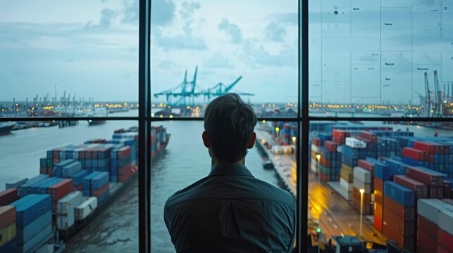 Logistics control room overlooking bustling harbor with shipping containers cargo ships. Large digital display real-time tracking data, optimizing maritime transportation global trade logistics.