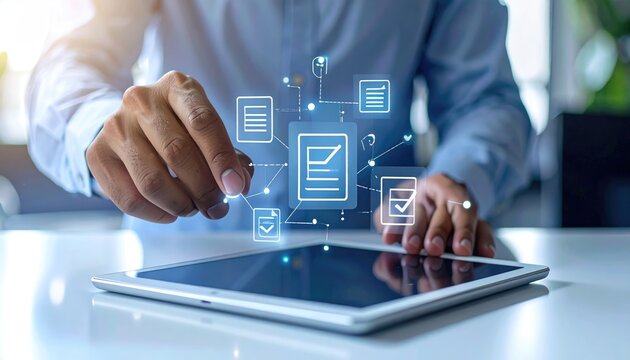 A hand interacts with digital icons on a tablet against a bright background, suggesting data, documents, and connectivity