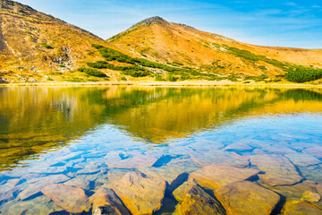 Blue lake with mountains and water reflection, mountain landscape with wild blue lake