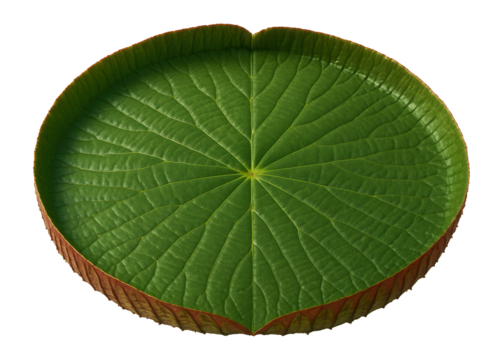 Victoria amazonica leaf, vast and circular with raised edges and a radial vein pattern