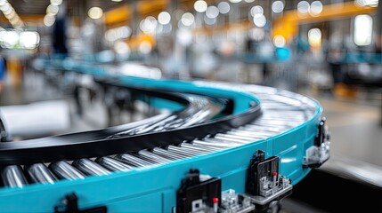 Manufacturing facility features a modern conveyor belt system facilitating efficient product movement within a busy production environment