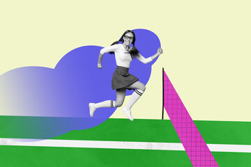 3d pop image zine art collage of happy businesswoman businessman receive promotion flag icon...