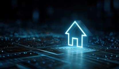 Glowing home icon on a digital circuit board