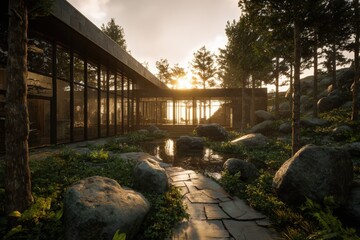Obraz premium Modern house nestled in a tranquil forest setting