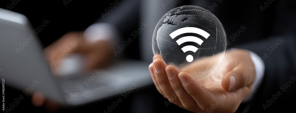 Poster digital connectivity represented by a person holding a globe with a wireless signal while using a la