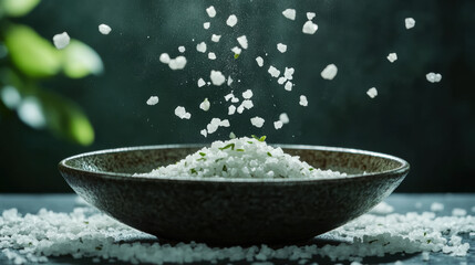 Sea salt flakes and herbs falling into rustic ceramic bowl on dark green background, creating fresh and natural spa like scene with deep matte texture