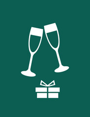 Champagne glasses and gift box. Christmas card template. Vector illustration.