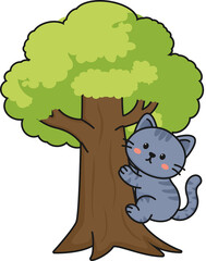 Cartoon Cat Climbing a Tree Illustration