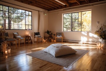 Spacious room with large windows, showcasing sunlight