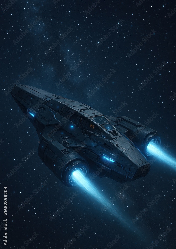 Poster futuristic spaceship in deep space.