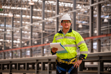 Construction engineer inspecting railway track industrial documents in hand while examining rail...