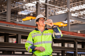 Construction engineer inspecting railway track industrial documents in hand while examining rail...