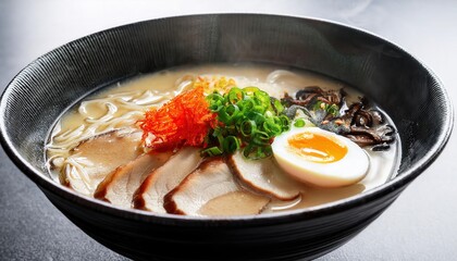 Indulge in rich and creamy tonkotsu ramen topped with tender pork and fresh vegetables