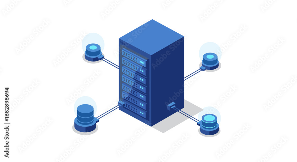 Poster isometric blue digital server network with data nodes on white background