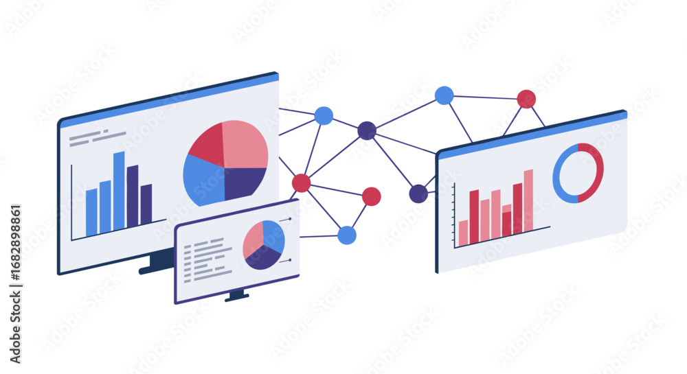 Poster isometric data analysis concept with connected graphs and charts