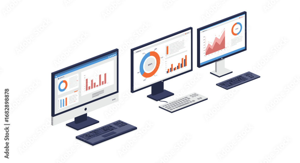 Leinwandbilder isometric computer monitors displaying data analytics and graphs