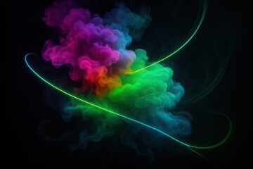Vibrant multicolored smoke explosion with glowing neon lines on black background colorful abstract