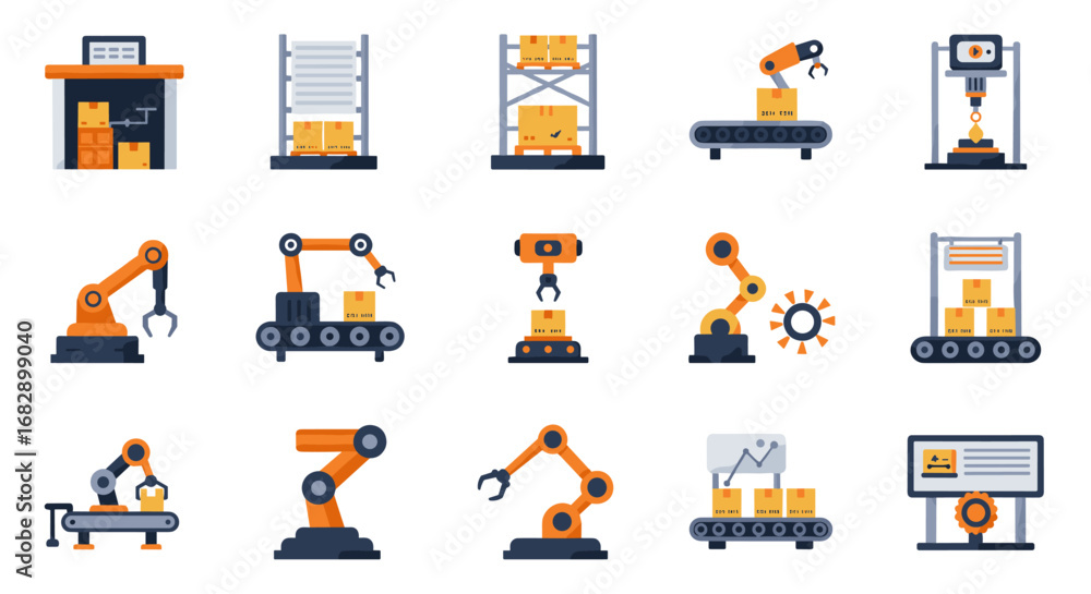 Poster automated warehouse and robotics system icons collection