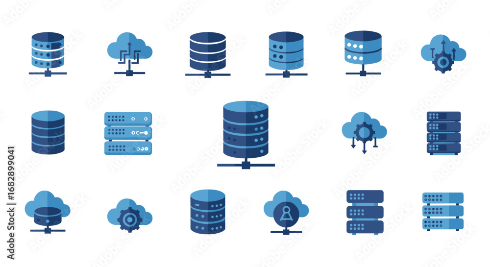 Poster blue flat design icons of cloud computing and data storage solutions