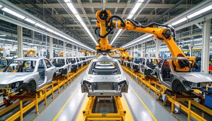 Robots build cars on a factory line. Multiple car chassis are in the process of being assembled in a bright, modern industrial setting