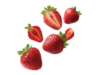 Strawberries Falling strawberry fruits whole and cut isolated on transparent background, Clipart png