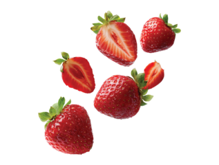 Strawberries Falling strawberry fruits whole and cut isolated on transparent background, Clipart png