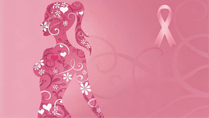 Pink themed breast cancer awareness illustration with woman silhouettes ribbons and floral elements