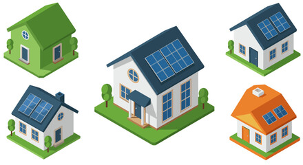Modern solar homes in isometric style featuring eco-friendly designs