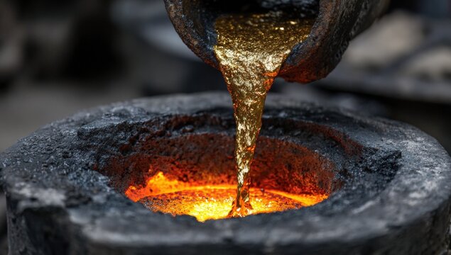Molten gold being poured into a crucible