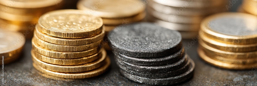 Poster stacked coins and tokens arranged on a textured surface illustrating currency diversity and value