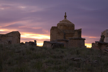 View of the Shakpak Ata necropolis at sunset, Kazakhstan