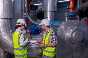 Engineers wearing safety helmets and reflective vests inspect large industrial machinery inside a...