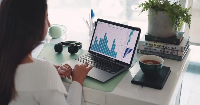Laptop, analysis or woman in office with data, evaluation and review of finance report. Financial analyst, technology or female person in workplace with graph, profit growth or statistics in business