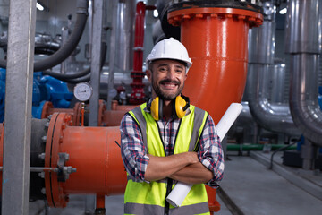 Engineers wearing safety helmets and reflective vests inspect large industrial machinery inside a...