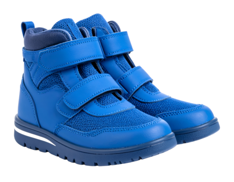 New unbranded fashion stylish blue sport walking kid shoes or velcro sneakers isolated on white background.