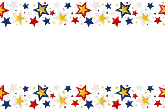 Colorful seamless border frame with red, blue, gold and white glitter stars on white background. Decorative border for celebration, Fourth of July, Memorial Day, party or festive greeting card.