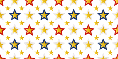 Colorful seamless pattern of stars in the colors of the American flag on a white background. Patriotic background for wallpapers, cards, wrapping paper, greeting cards, invitations, fabric, prints.
