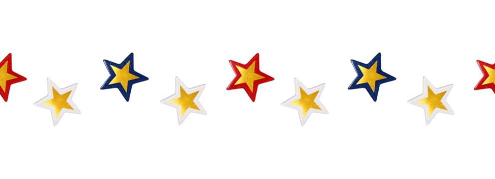 Festive seamless border with red, blue, yellow, gold and white glitter stars on white background. Decorative border for celebration, Fourth of July, Memorial Day, party or festive greeting card.